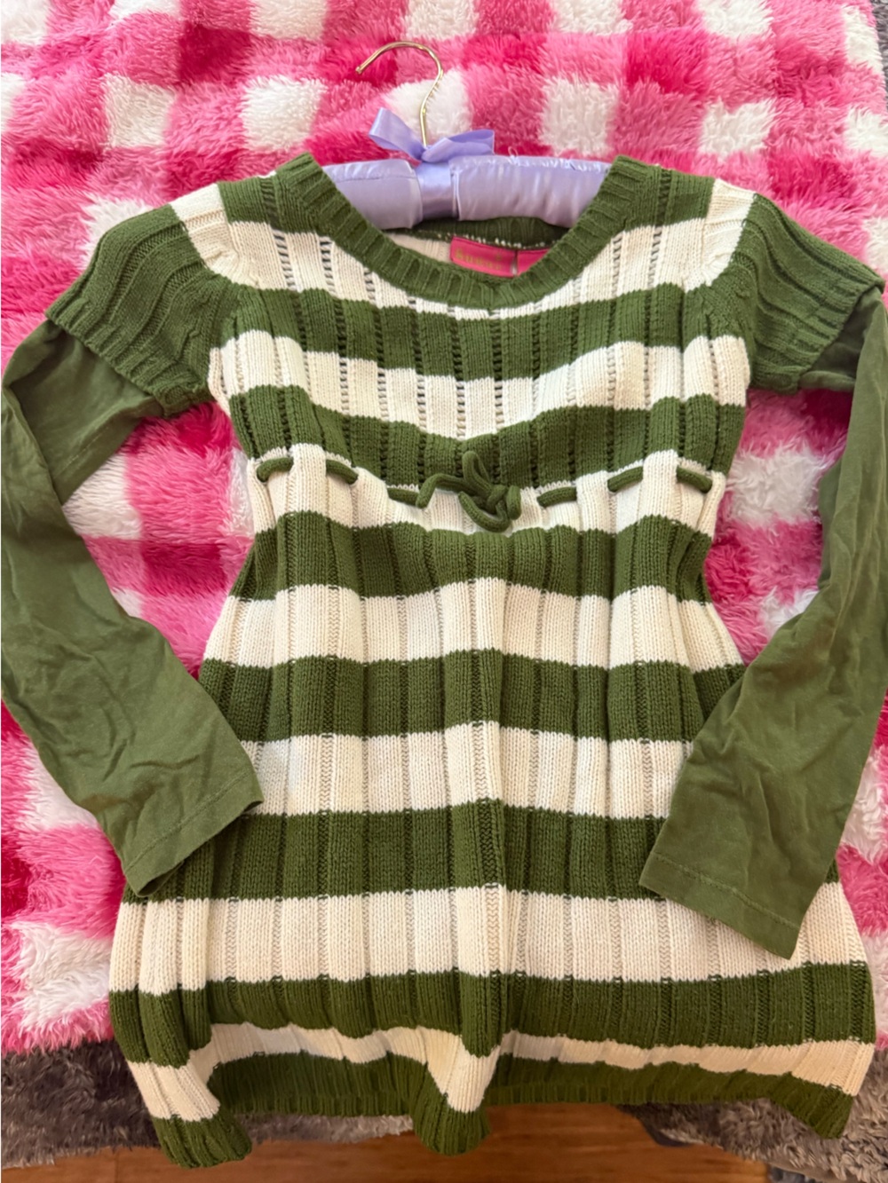 Sugar Olive Green and Cream Striped Scoop Neck Sweater